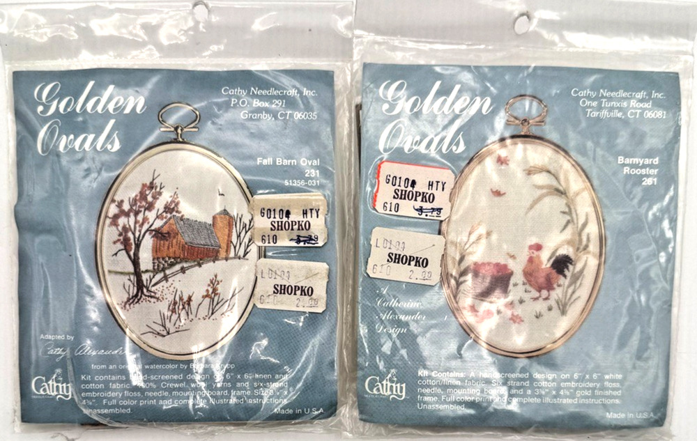 Lot of 2 Cathy Golden Ovals Crewel Kit Fall Barn Owl Barnyard Rooster NIP Sealed
